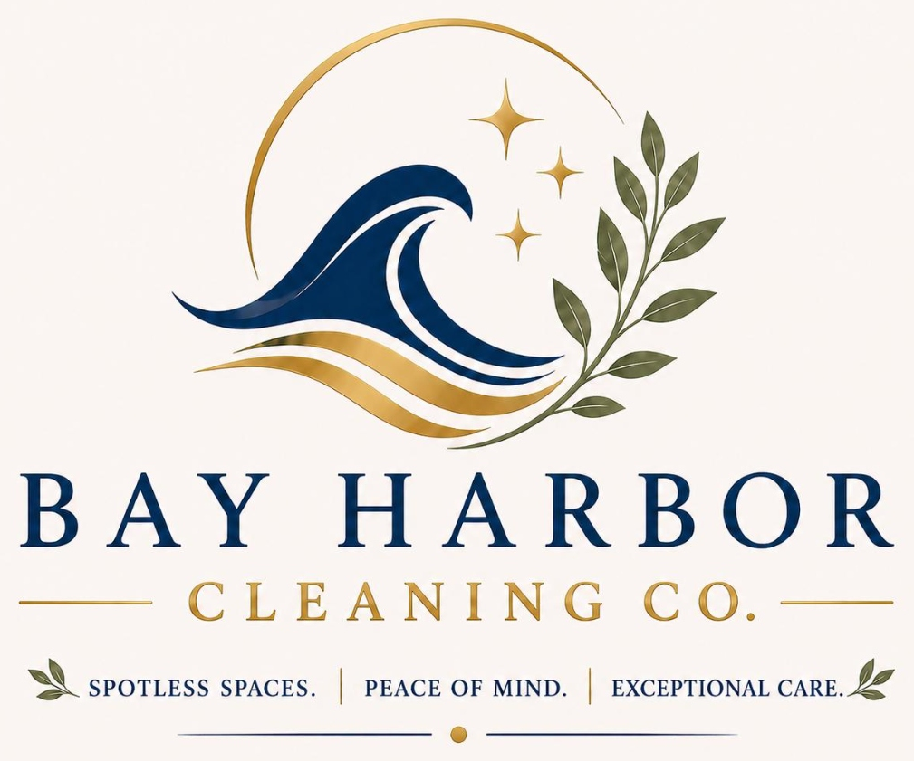 Bay Harbor Cleaning Co. logo — navy wave with gold arc and olive branch