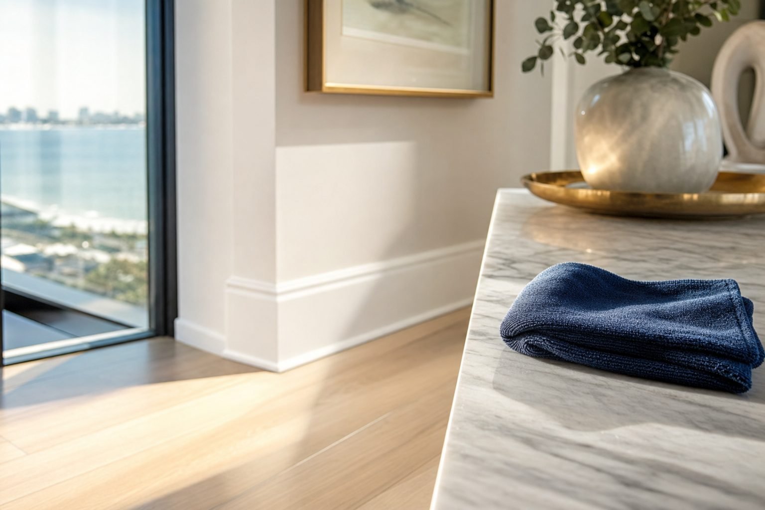 Immaculate marble surface and dust-free oak flooring after a deep clean