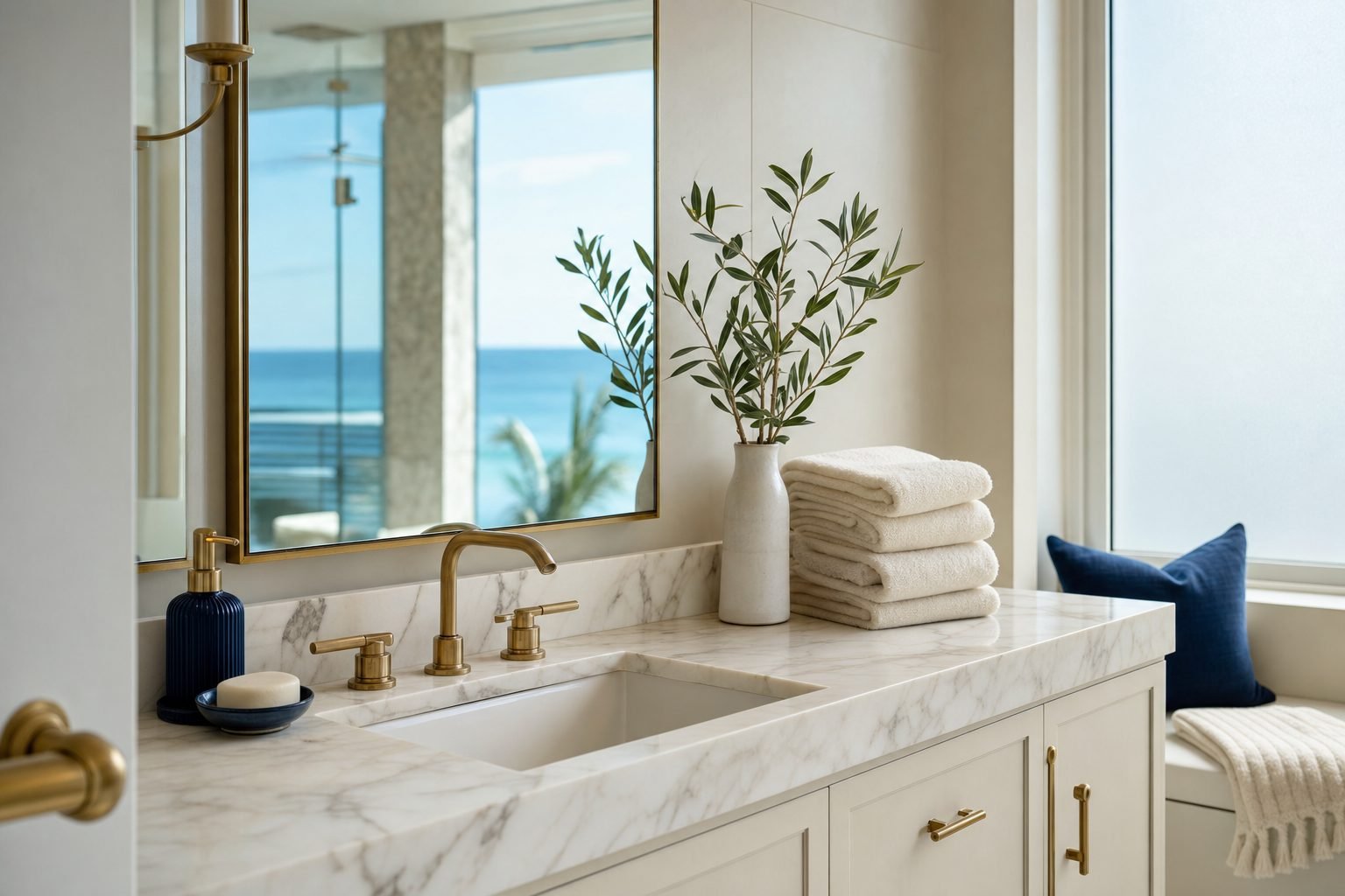 Marble vanity with brushed brass fixtures and folded ivory towels, maintained with care