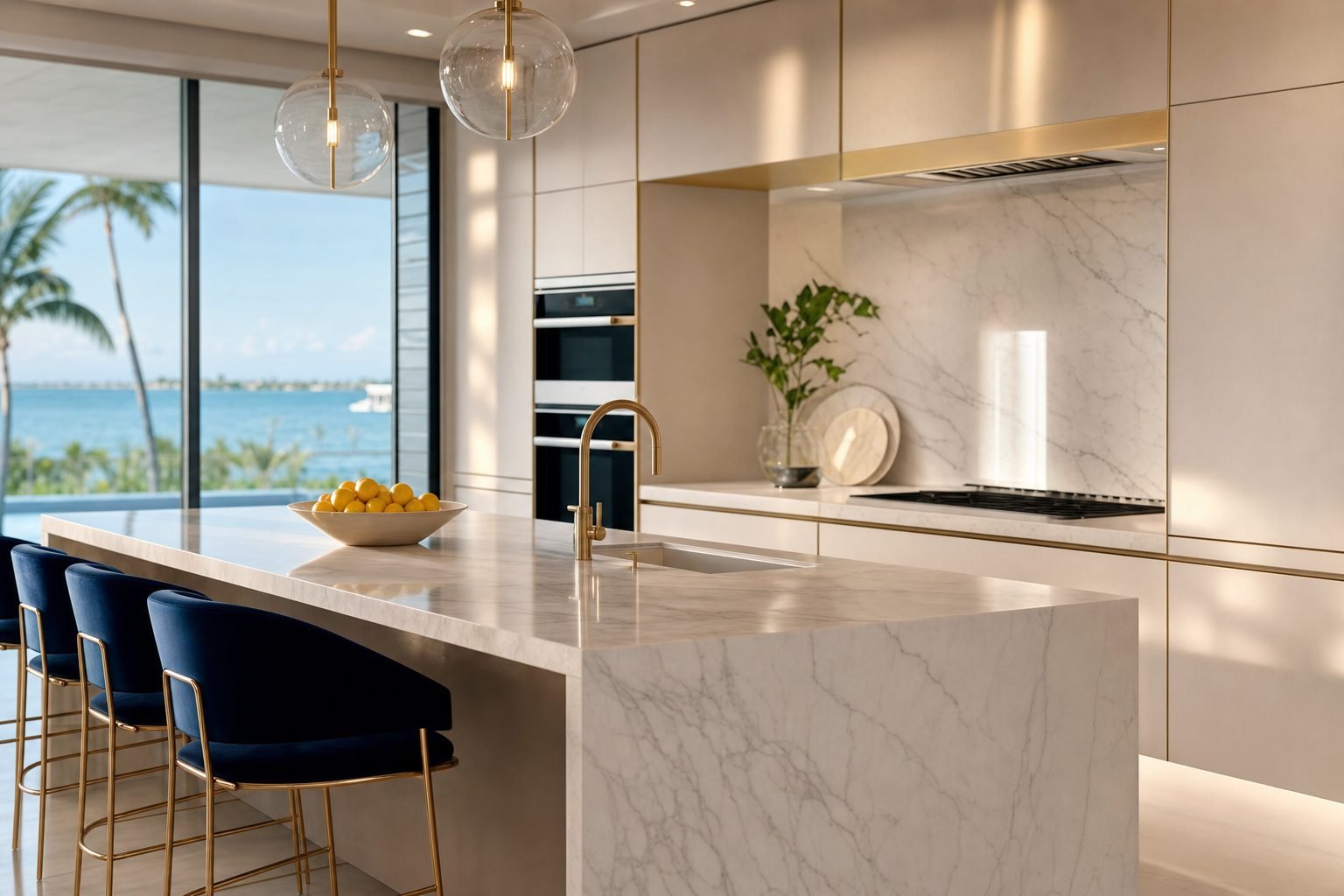 Marble waterfall kitchen island and brass fixtures in a Bay Harbor condo, kept immaculate