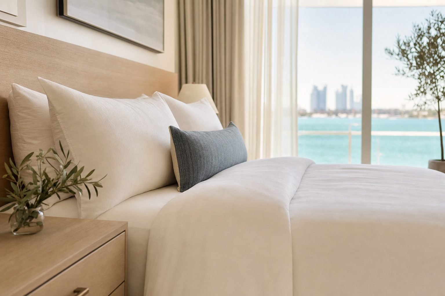 Freshly made bedroom with bay view representative of North Miami homes
