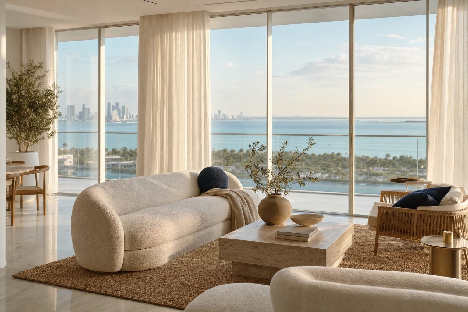 Sunlit oceanfront living room kept impeccable through recurring home care