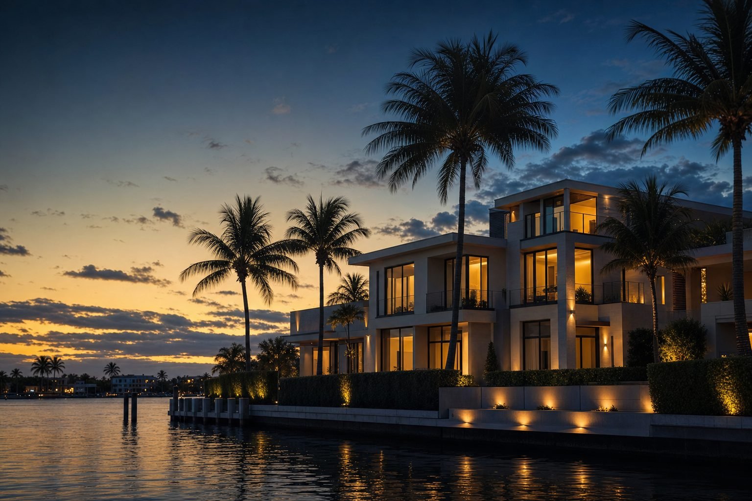 Calm oceanfront residence at dusk, kept ready while owners are away for the season